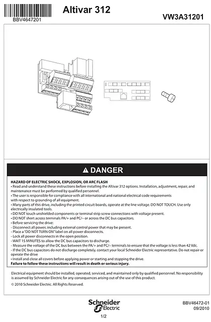 schneider施耐德Instruction sheet - control I_O card - VW3A31201